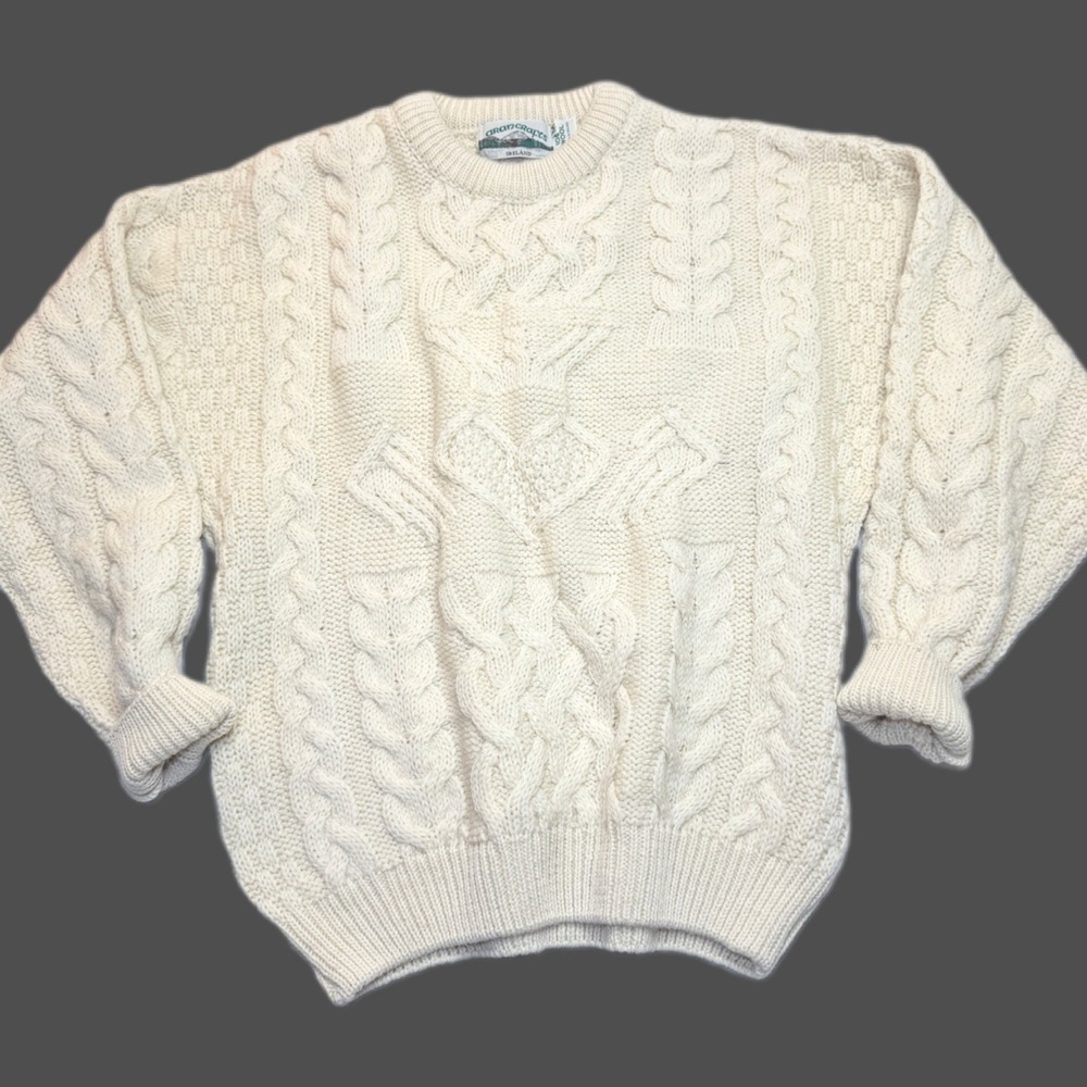 Vintage Aran Crafts Fisherman Sweater Irish Wool Cable Knit Ivory Medium Relaxed